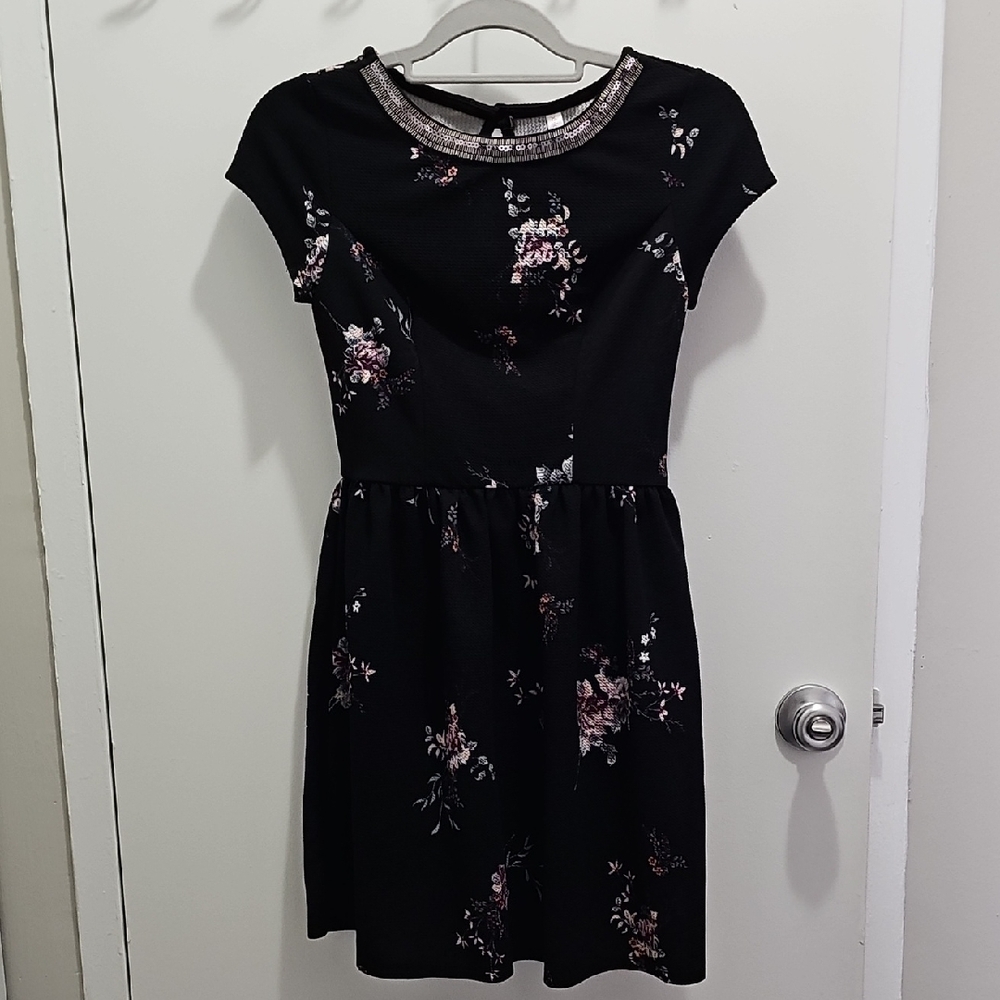 Xhilaration Black Dress with Pink Floral and Silver Trim